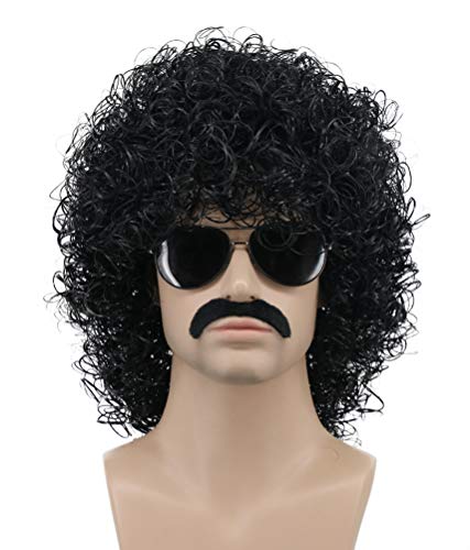 karlery Mens Short Curly Black Rocker Mustache Beard Afro Wig California Halloween Cosplay Wig Anime Costume Party Wig (Black)