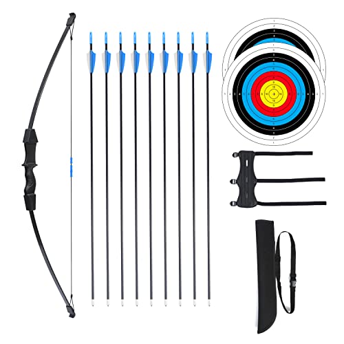 Procener 45' Bow and Arrow Set for Kids, Archery Beginner Gift with 9 Arrows 2 Target Face, 1 Arm Guard and 1 Quiver, 18 Lb Recurve Bow Kit for Teen Outdoor Sports Game Hunting Toy (Black)