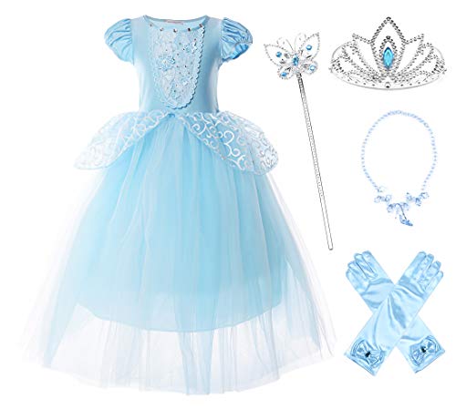 JerrisApparel Girls Princess Costume Puff Sleeve Fancy Birthday Party Dress up (3T, Blue with Accessories)