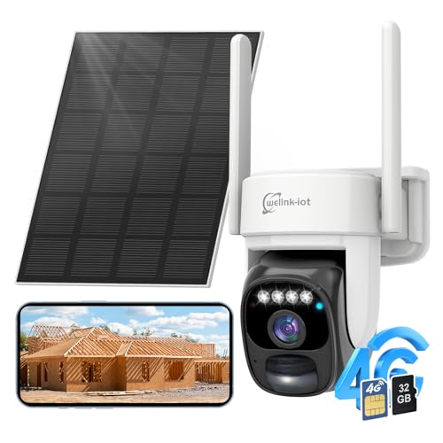 wellnk-iot 4G LTE Solar Cellular Security Camera, U.S. Local SIM&SD Card Included, No WiFi Needed, 2K Live Video, 360° Full View, Color Night Vision, PIR Motion Sensor, Flashlight&Siren Alerts