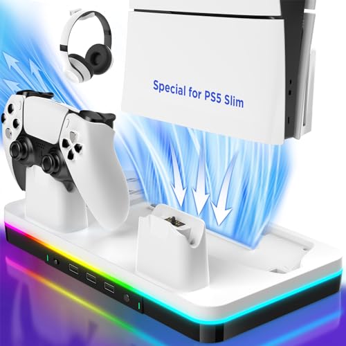 VIVI SKY PS5 Slim Stand and Cooling Station for PS5 Slim Consoles Digital/Disc, Faster PS5 Slim Controller Charger, PS5 Slim Accessories with RGB,Headset Hanger,Cooling Fan,3 USB HUB