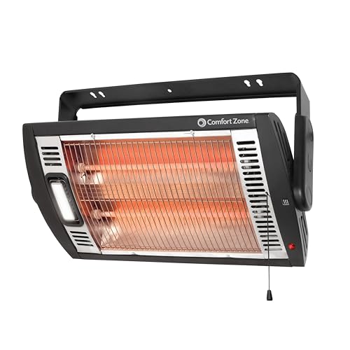 Comfort Zone Ceiling Mounted Space Heater, 90 Degree Adjustable Tilt, Dual Quartz, Radiant, Electric, Safety Grille, Overheat Protection, Hardware Included, Ideal for Workshop, Garage, 1,500W, CZQTV5M