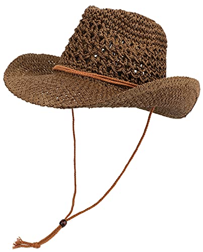 Melesh Adult Sun Straw Western Cowboy Hat (Coffee)