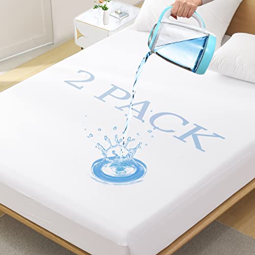 2 Pack Twin Size Premium Waterproof Mattress Protector, Soft Breathable Mattress Pad Cover, Noiseless Waterproof Bed Cover - Stretch to 21' Fitted Deep Pocket Mattress Protection Cover