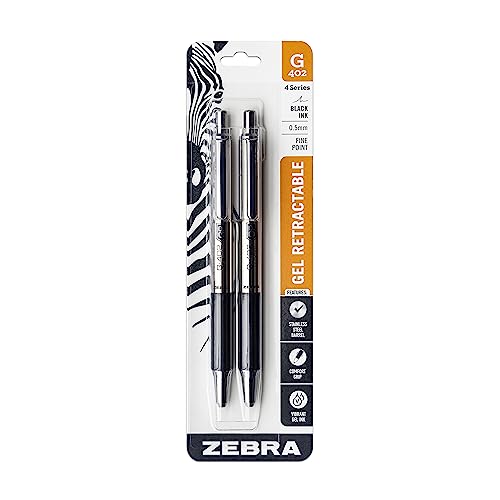 Zebra Pen G-402 Retractable Gel Pen, Stainless Steel Barrel, Fine Point, 0.5mm, Black Ink, 2-Pack