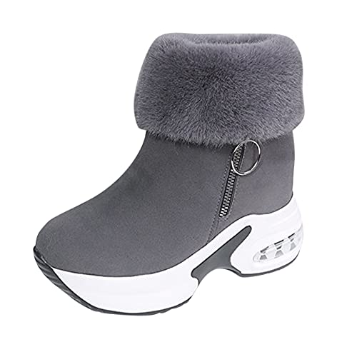 Fullwei Women Winter Round Toe Furry Sneakers Boots Rocking Shoes Slip On Zipper Casual Fitness Walking Snow Platform Boots Shoe (Grey, 8.5)