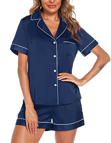 Veseacky Satin 2 Pcs Pajama with Silky Womens Short Sleeve Sleepwear Soft Silk with Pocket Sleepwear Short Pjs Loungwear Navy Blue XXL