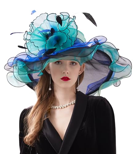 ORIDOOR Women Hats Headband Hairpin Organza Fascinator Church Hat Floral Tea Party Wedding Hat for Ladies, Blue and Green