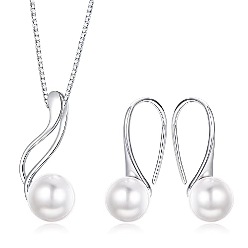 MILACOLATO Sterling Silver Pearl Jewelry Set 18K Gold Plated Genuine Freshwater Cultured Pearl Jewelry Pendant Necklace Pearl Earrings for Women Girls, White Pearl