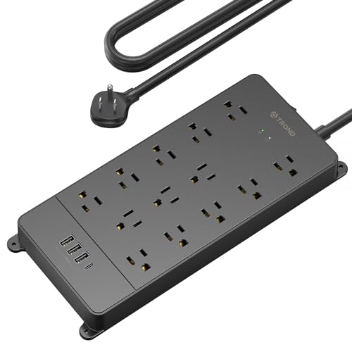 TROND Surge Protector Power Strip, 4000J, ETL Listed, 13 Widely-Spaced Outlets Expansion with 4 USB Ports(1 USB C), Low-Profile Flat Plug, Wall Mountable, 5ft Extension Cord, 14AWG Heavy Duty, Black