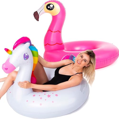 JOYIN 2-Pack Flamingo Unicorn Pool Float - Fun Beach Floaties, Inflatable Swimming Pool Tubes Party Toys, Lake Beach Floaty Swim Rings Summer Pool Raft Lounger for Adults & Kids