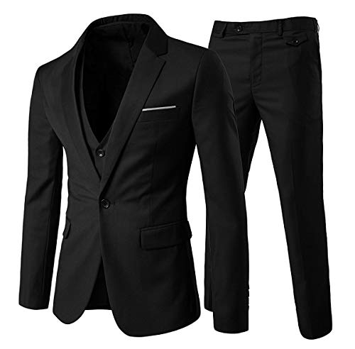 Mens Notch Lapel Modern Fit Suit Blazer Jacket Tux Vest and Trousers Set Three-Piece,Black,Medium