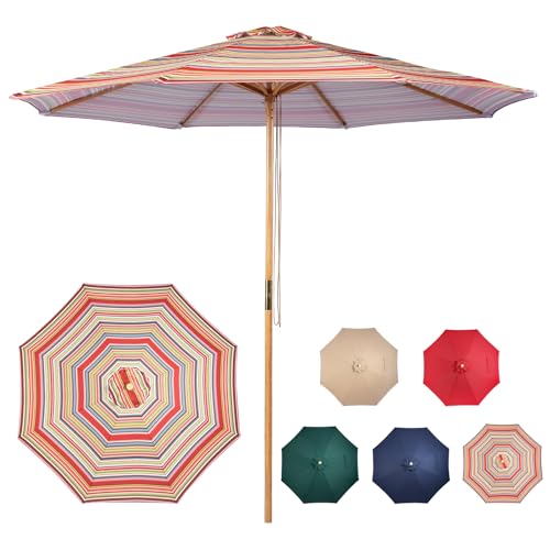 CASUNER 9FT Bamboo Table Umbrella Patio Outdoor Umbrella Market Round Umbrella with Pulley Lift Windproof & Waterproof, 8 Ribs with Polyester Cover for Garden, Deck, Pool, lawn, Backyard (STRIPE)