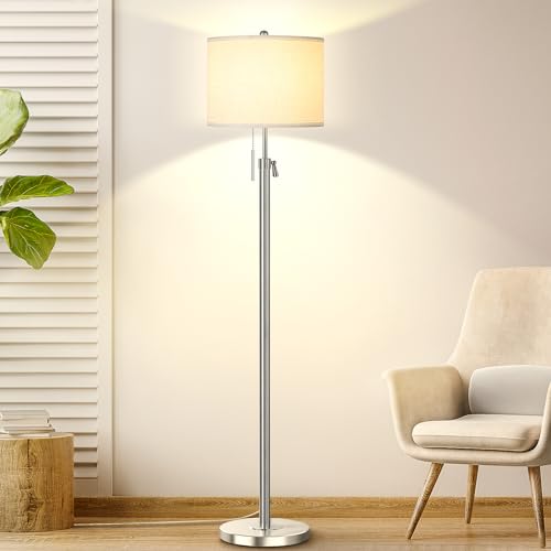 Brushed Nickel Floor Lamp for Living Room, Adjustable Height Standing Lamp with Metal Base, 3-Way Dimmable Tall Pole Light with White Linen Shade for Bedroom, Pull Chain Switch, 6W LED Bulb Included