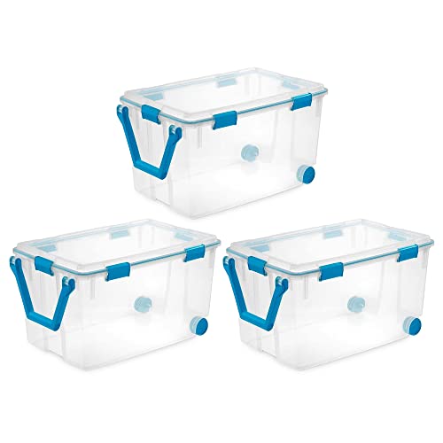 Sterilite 120 Qt Wheeled Gasket Box, Stackable Storage Bin with Latching Lid, Handle and Tight Seal, Plastic Container with Clear Base and Lid, 3-Pack