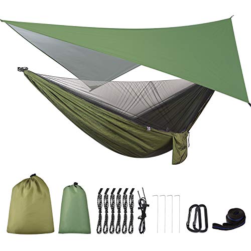 FIRINER Camping Hammock with Rain Fly Tarp and Mosquito Net Portable Single Double Hammock Tent with Tree Strap Backpacking Hammock with Rain Cover for Hiking Travel Yard Activities Green