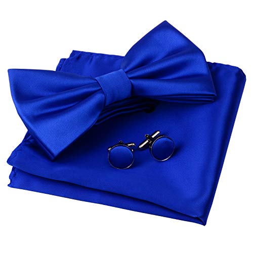 GUSLESON Mens Pure Color Pre-tied Blue Bow Tie Pocket Square and Cufflink Set (0570-08)