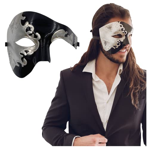 Half Face Masquerade Mask For Men Phantom Of The Opera Mask for Masquerade Party, Venetian Party, Mardi Gras, Halloween & Cosplay (Black/Silver)