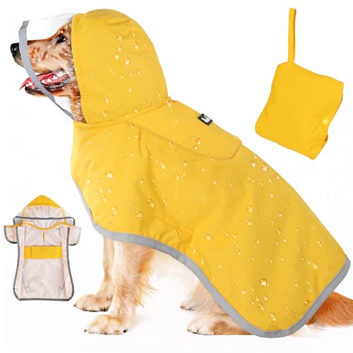 SlowTon Dog Raincoat, Adjustable Dog Rain Jacket Clear Hooded Double Layer, Waterproof Dog Poncho with Reflective Strip Straps and Storage Pocket for Small Medium Large Dog(XL)