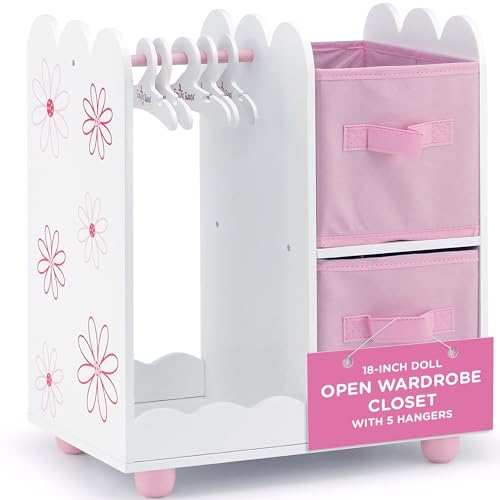 Emily Rose | USA Company |18 Inch Doll Clothes Open Closet Furniture Accessory - Wooden Doll Accessories Toy Playsets - with 5 Free Wooden 18' Doll Clothing Hangers and 2 Large Storage Bins - Floral