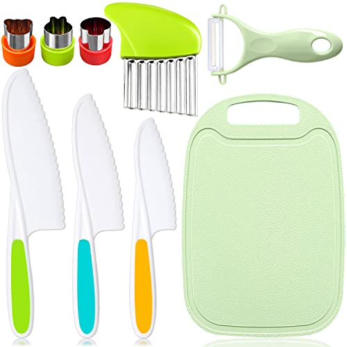 TAORISH 9 Pcs Kids Kitchen Knife Set, Kids Knives For Real Cooking With Cutting Board, Y Peeler, Crinkle Cutter, Sandwich Cutter, Serrated Edges Plastic Toddler Knife Kid Safe Knives