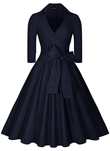 Miusol Women's Deep-V Neck Classical Bow Belt Vintage Casual Swing Dress (XX-Large, Navy Blue)