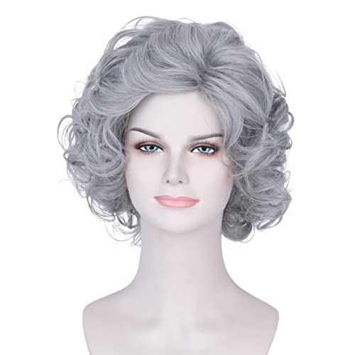 Missuhair Old Lady Costume Wig for Women Short Grey Curly Grandma Wig Anniversary Party Hair