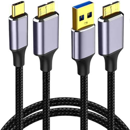 Warmstor 2 Pack Micro USB 3.0 Cable 6.6ft, USB 3.0 Type A Male to Micro B Cord, USB Type C to Micro B Cable Nylon Braided for Camera, Hard Drive