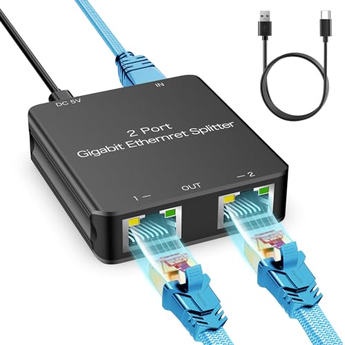 Ethernet Splitter 1 to 2, High Speed Internet Splitter Gigabit LAN Cable Splitter 1000Mbps Rj45 Splitter for Cat 5/5E/6/7/8 Cable (2 Devices Simultaneous Networking), Black