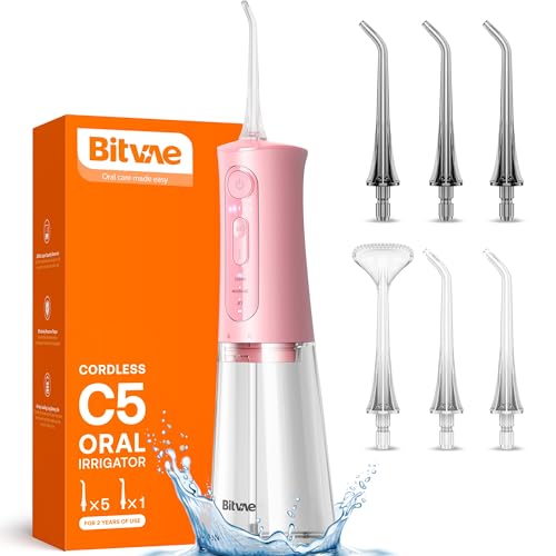 Bitvae C5 Water Flosser Teeth Picks, Cordless Portable Oral Irrigator, Powerful and Rechargeable Water Flosser for Teeth, Brace Care, IPX7 Waterproof Water Dental Picks for Cleaning, Quartz Pink