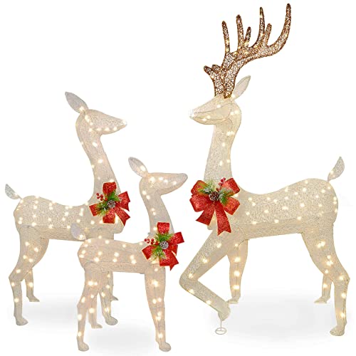 (Super Larger Size) 3-Piece Reindeer Christmas Decorations Outdoor Indoor, Lighted Christmas Deer Family Set Outdoor Yard Decoration with 230 LED Lights, Zip Ties, Stakes, Lighted Buck, Doe and Fawn