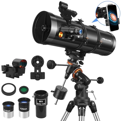 MEEZAA Telescope, 150EQ Reflector Telescope for Adults Astronomy Beginners, Manual Equatorial Professional Telescopes Astronomy with 2X Barlow Lens, Phone Adapter, Adjustable Tripod and Moon Filter