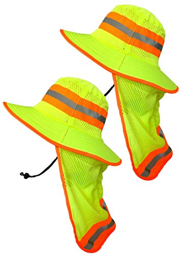 Men High Visibility Reflective Sun Hat with Neck Flap Wide Brim Boonie Hat Bucket Cap (2pcs Neon Lime)