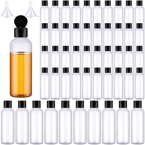 50 Piece 3.4 oz Travel Bottles with Flip Cap Plastic Empty Bottles Refillable Flip Cover Dispensing Squeeze Bottles with 2 Funnels Portable Refillable Containers for Travel Liquid (Clear, Black)