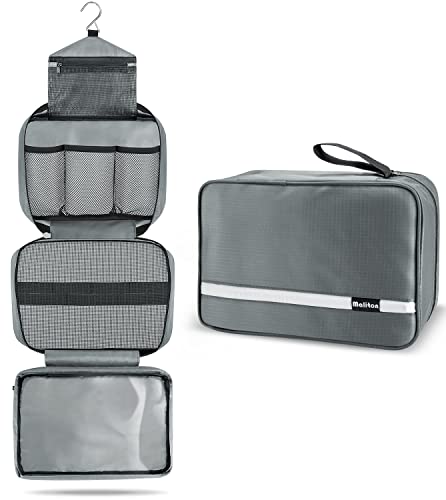 Maliton Toiletry Bag for Men & Women | Large Toiletry Bags for Traveling | Hanging Compact Hygiene Bag with 4 Compartments | Waterproof Bathroom Shower Bag (Gray)