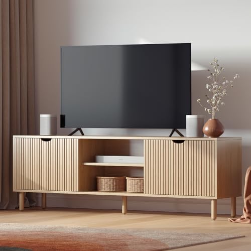 Contemporary Fluted TV Stand - Media Console - 70 Inch Entertainment Center with Storage - Console Table for Living Room and Bedrooms - Supports 32 to 80' TVs - Soft-Close Cabinet Doors (Light Oak)