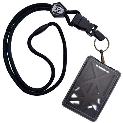 Specialist ID Vertical Top Load THREE CARD Badge Holder - Hard Plastic with Heavy Duty Breakaway Lanyard w Quick Release Metal Clip & Key Ring (One Holder / 3 Cards Inside) (Black)