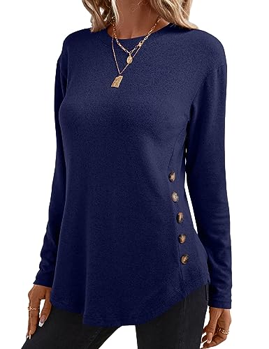 Poulax Women's 2023 Casual Long Sleeve Tunic Tops Loose Pullover Sweatshirts with Button Detail,Navy,M