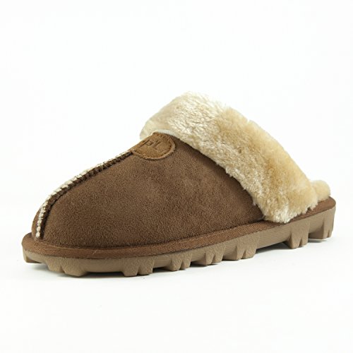 CLPP'LI Womens Slip on Faux Fur Warm Winter Mules Fluffy Suede Comfy Slippers-Tan-10