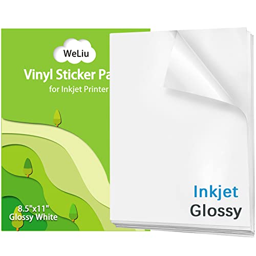 Weliu Printable Vinyl Sticker Paper for Inkjet Printer - Glossy White - 21 Waterproof Decal Paper Self-Adhesive Sheets 8.5'x11'- Dries Quickly and Holds Ink Beautifully