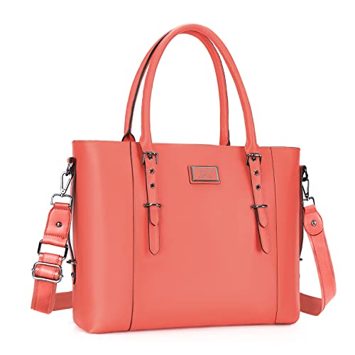 MOSISO PU Leather Laptop Tote Bag for Women (17-17.3 inch), Living Coral