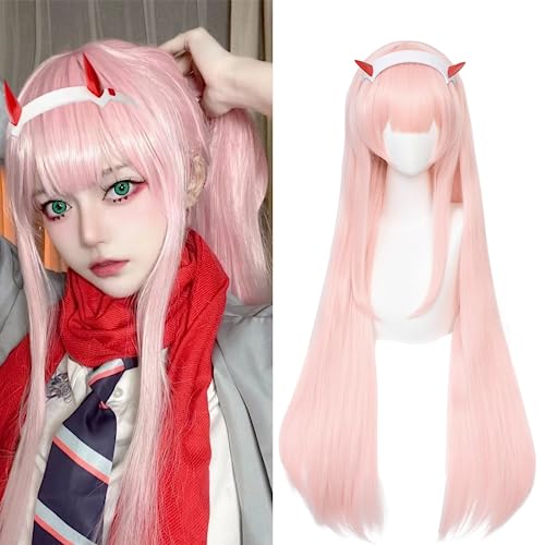 Zero Two Pink Cosplay Wigs 02 Light Pink Wig with Bangs + Horn Headband, Long Straight Pastel Pink Wig 39-Inch Anime Synthetic Hair with Hair Net for Women Girls Halloween Costume Party