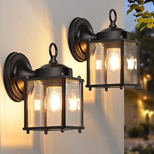 MATAMEYE Outdoor Wall Lantern, Exterior Waterproof Wall Sconce Light Fixtures, Black Front Door Wall Lighting with Clear Beveled Glass Shade, 2 Pack