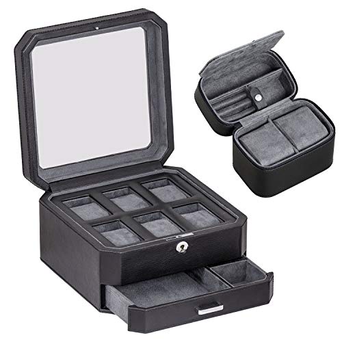 ROTHWELL Gift Set 6 Slot Leather Watch Box and 2 Watch Travel Case - Luxury Watch Case Organizer, Microsuede Liner, Locking Mens Jewelry Watches Holder, Storage Boxes Glass Top (Black/Grey Gift Set)