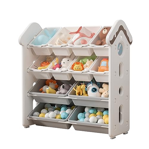 UNICOO Kids 4-Tier Toy Storage Organizer, Toy Organizer Shelf, Fun Candy House Design, Toy Shelves Organizer with 12 Bins, Toy Organizer Rack Durable and Safe HDPE Material