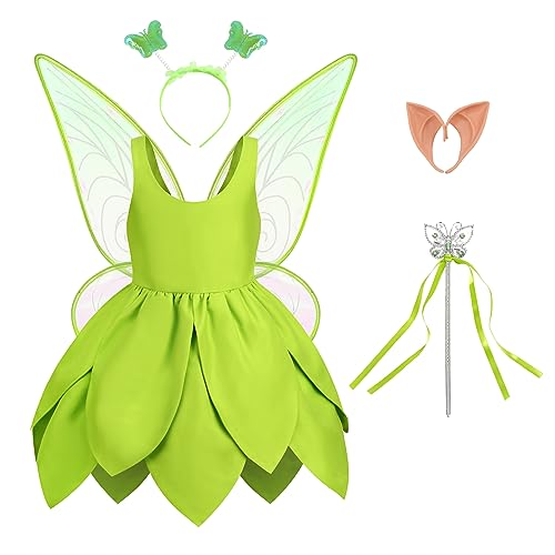 Kosgraiy Tinkerbell Costume for Girls,Toddler Girls Fairy Dress with Pixie Elf Ears and Wings,Princess Dress Halloween Fairy Dress Up,4-5Years