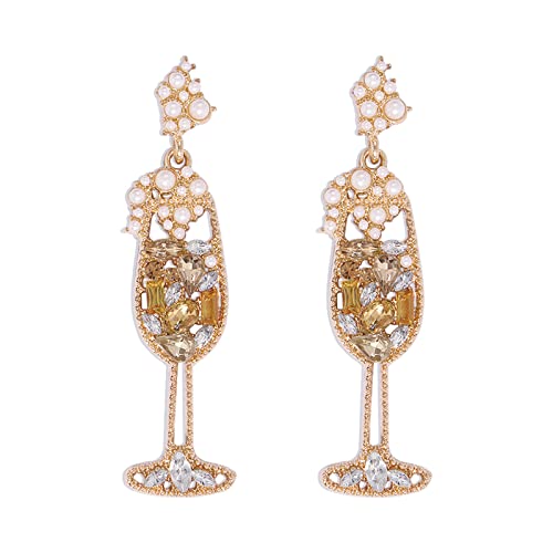 Champagne Glass Earrings, Women's Champagne Glass Dangle Earrings, Handmade Crystal Rhinestone Pearl Beaded Earrings for Women Girls (Champagne Colour)