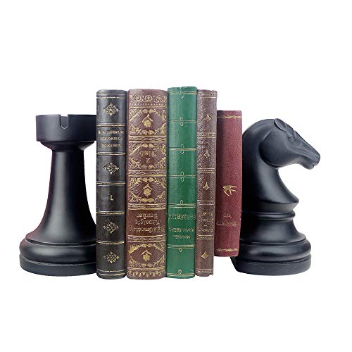 Decorative Bookends Chess Bookends, Black Book Ends Heavy Book Supports, Unique Bookends Decor for Office Home Desk Bookrack, 7'(L) x4(W) x7(H), 1Pair/2Piece