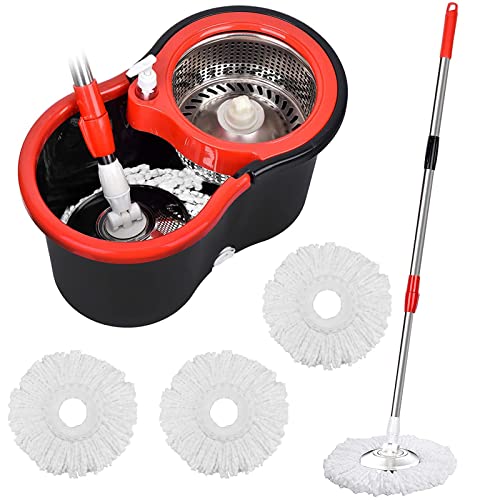 Mop and Bucket Set, 360° Spin Mop and Bucket with Wringer Set and 3 Microfiber Mop Refills, Stainless Steel 61' Extended Handle Spinning Mop Bucket System for Floor Cleaning