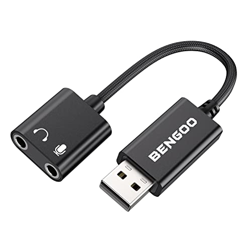 BENGOO USB Sound Card Adapter,USB Audio Adapter 3.5mm Jack,External Sound Card with Dual TRS Headphone and Microphone Jack for Windows Mac Linux PC Laptops Desktops PS4 Headsets, Black